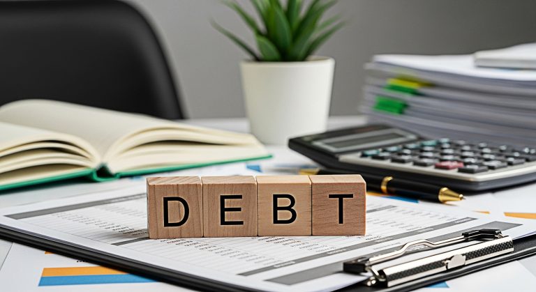 vecteezy wooden blocks spelling debt on financial reports in a bright